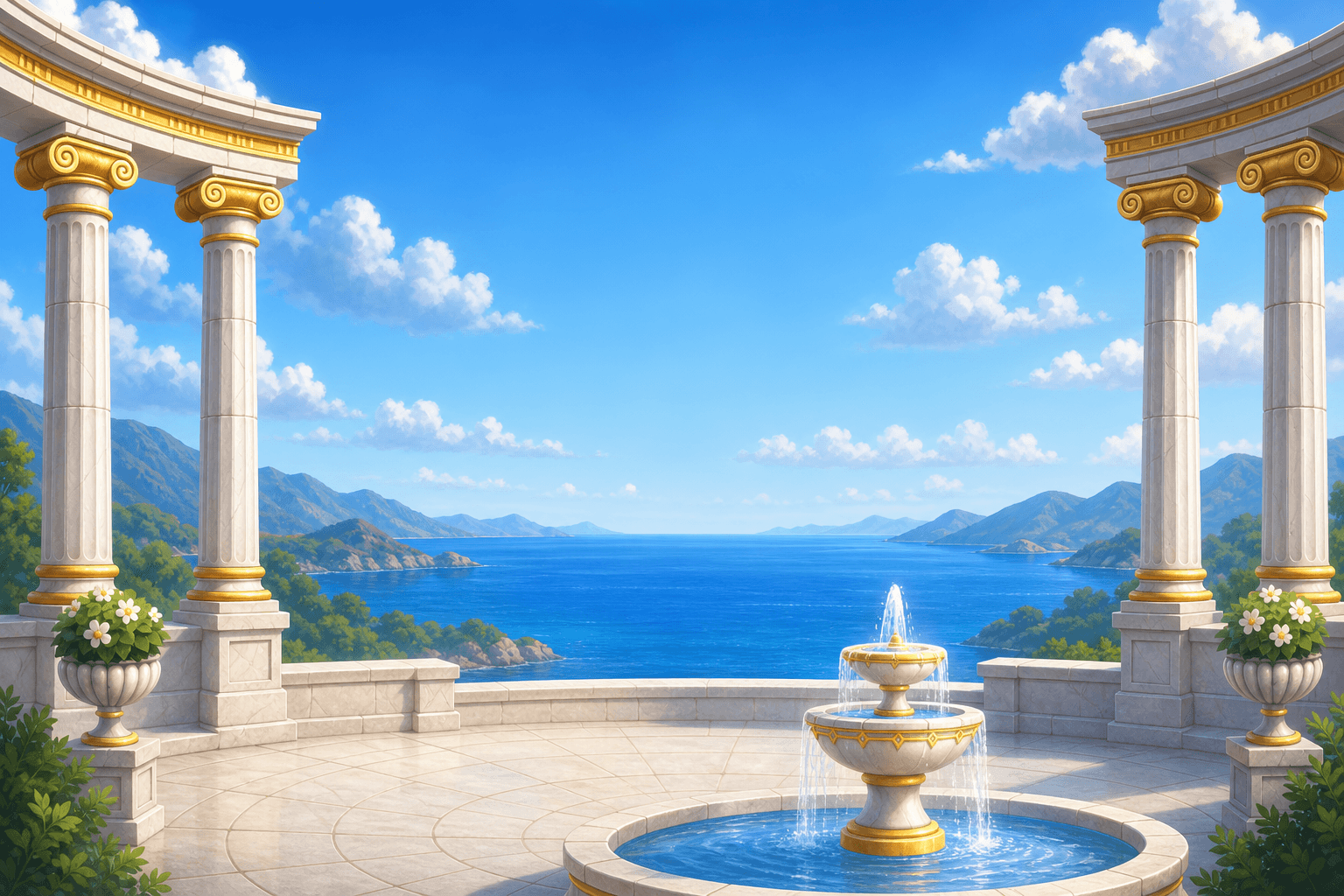 The marble terrace of Sands of Olympus, columns and fountain above the Aegean